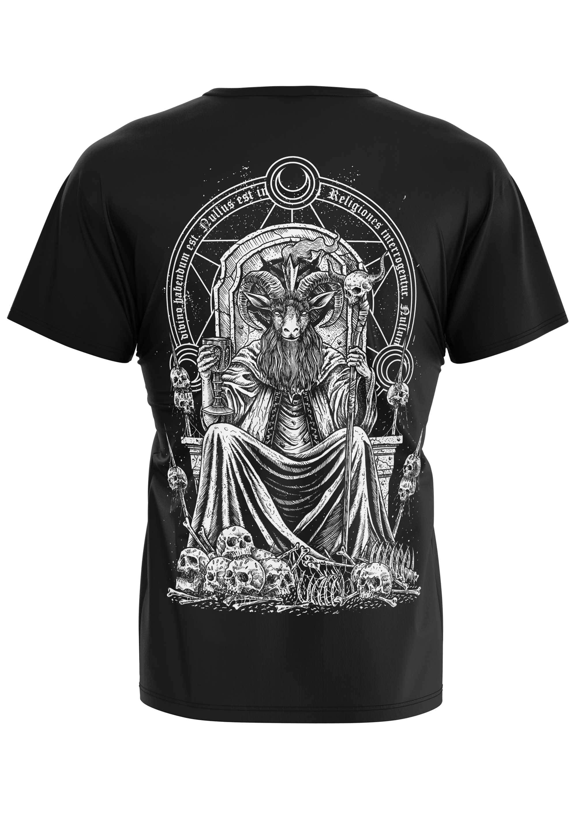 Black gothic t-shirt mit weißem baphomet rückendruck auf thron mit schädeln und horror symbolen